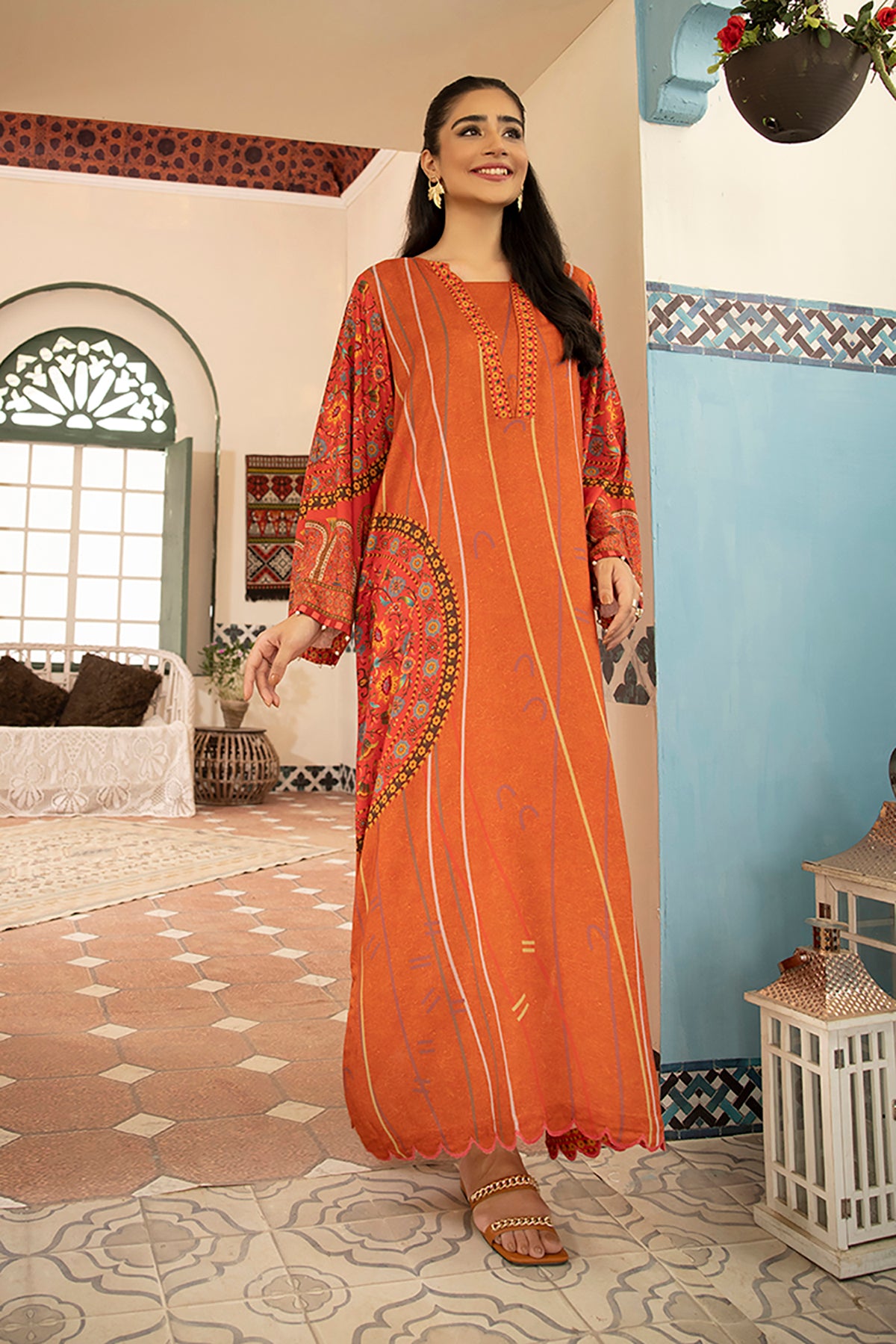 DSW21-57-Pearl Detailing Printed Embroidered Fustaan 1PC
