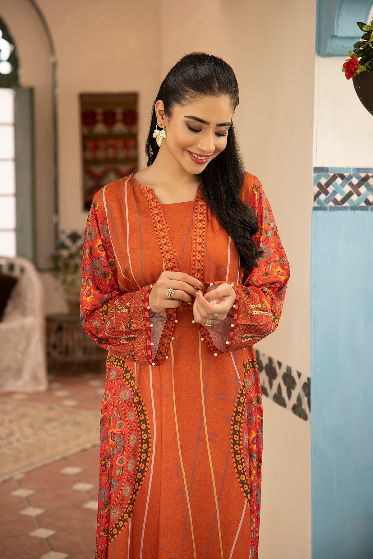 DSW21-57-Pearl Detailing Printed Embroidered Fustaan 1PC