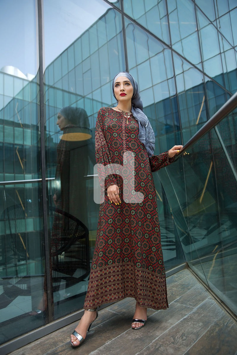 DSW18-09 Brown Digital Printed Stitched Lawn Jalabiya - 1PC - Nishat Linen UAE