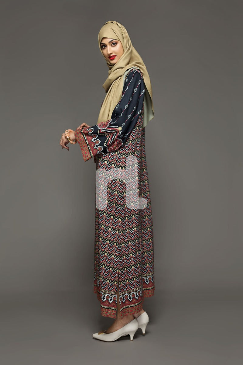 DW18-03 Brown Printed Stitched Cotton Modal Jalabiya - 1PC - Nishat Linen UAE