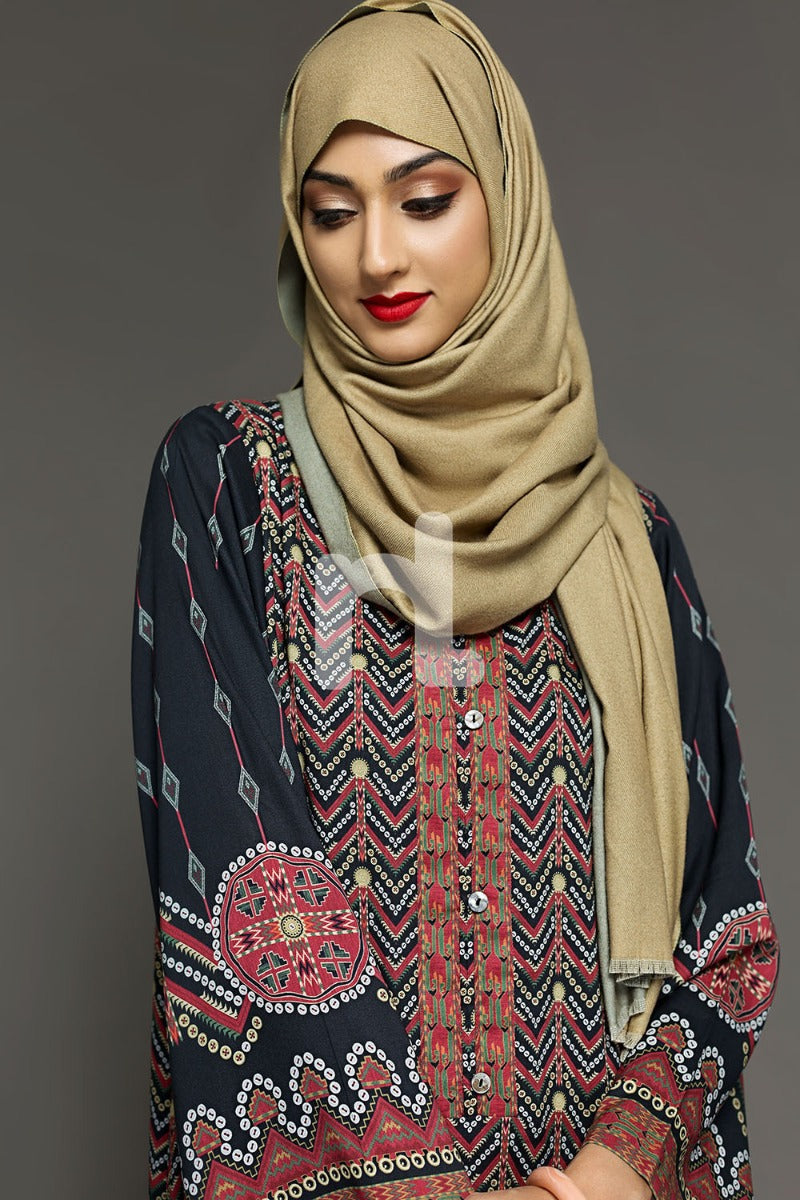 DW18-03 Brown Printed Stitched Cotton Modal Jalabiya - 1PC - Nishat Linen UAE