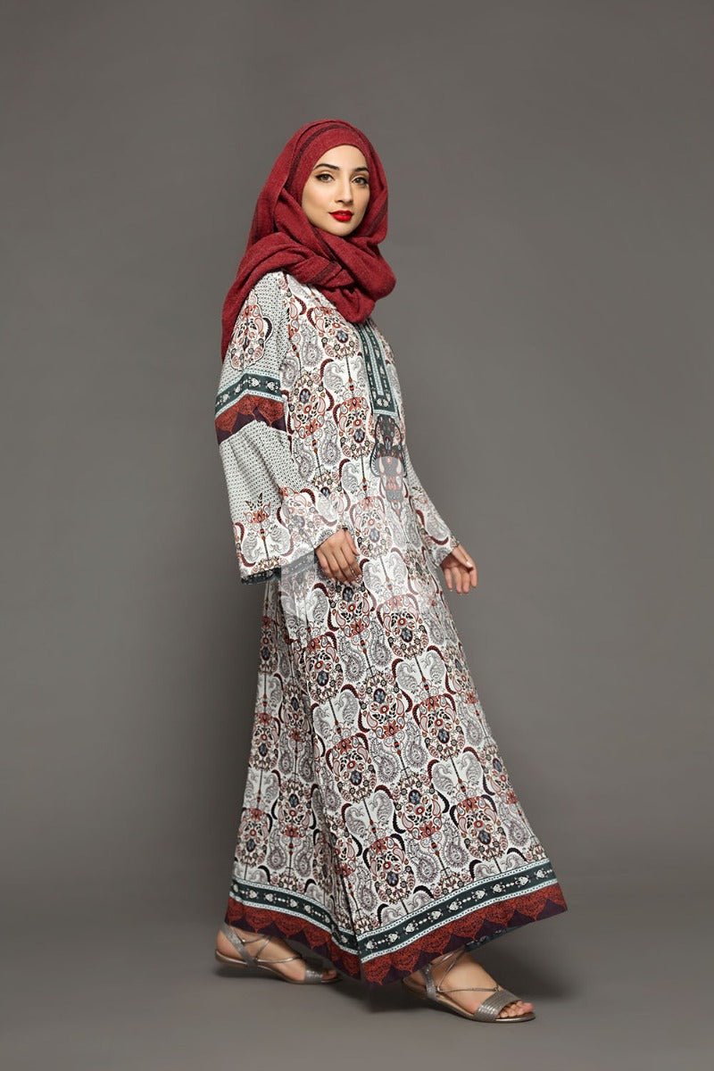 DW18-04 Beige Printed Stitched Cotton Modal Jalabiya - 1PC - Nishat Linen UAE