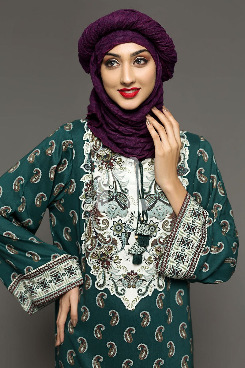 DW18-05 Green Printed Stitched Cotton Modal Jalabiya - 1PC - Nishat Linen UAE