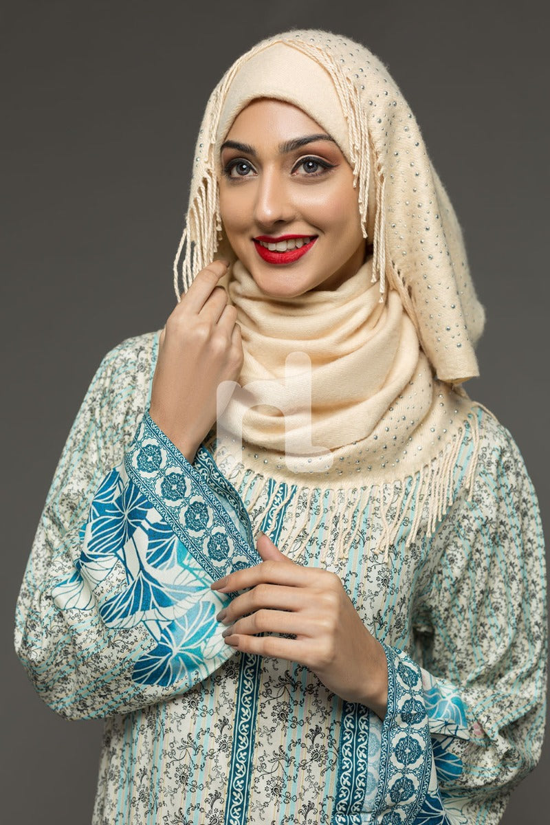 DW18-15 Blue Printed Stitched Cotton Modal Jalabiya - 1PC - Nishat Linen UAE