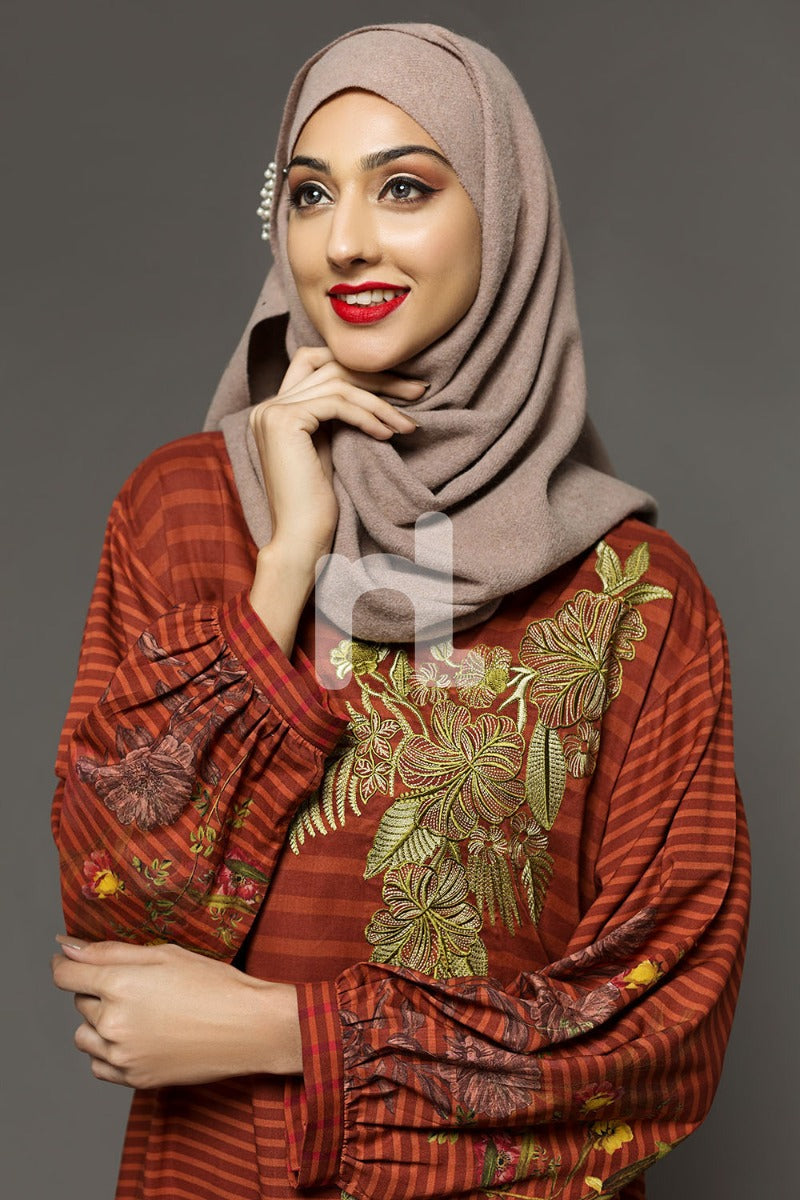 DW18-27 Orange Printed Stitched Cotton Modal Jalabiya - 1PC - Nishat Linen UAE