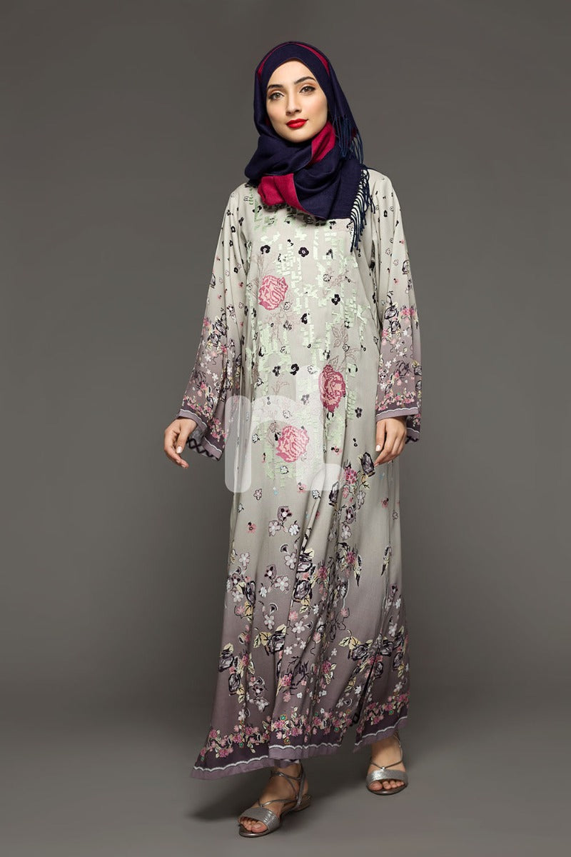 DW18-31 Grey Printed Stitched Cotton Modal Jalabiya - 1PC - Nishat Linen UAE