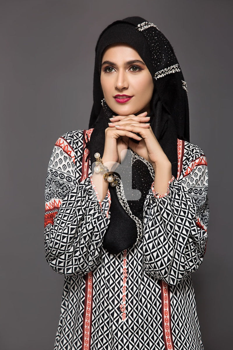 DW18-37 Black Blue Digital Printed Stitched Cotton Modal Jalabiya - 1PC - Nishat Linen UAE