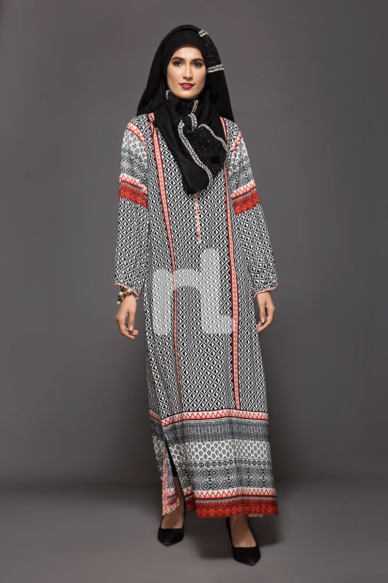 DW18-37 Black Blue Digital Printed Stitched Cotton Modal Jalabiya - 1PC - Nishat Linen UAE