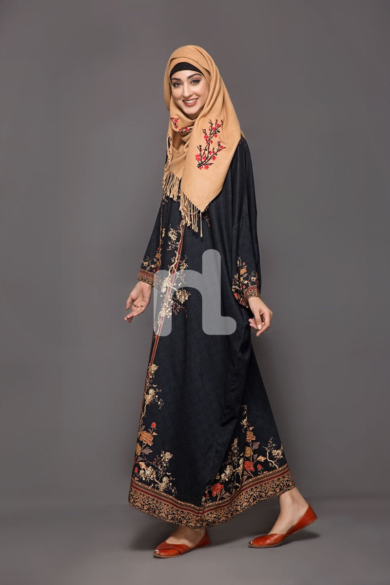 DW18-64 Black Printed Stitched Cotton Modal Jalabiya - 1PC - Nishat Linen UAE