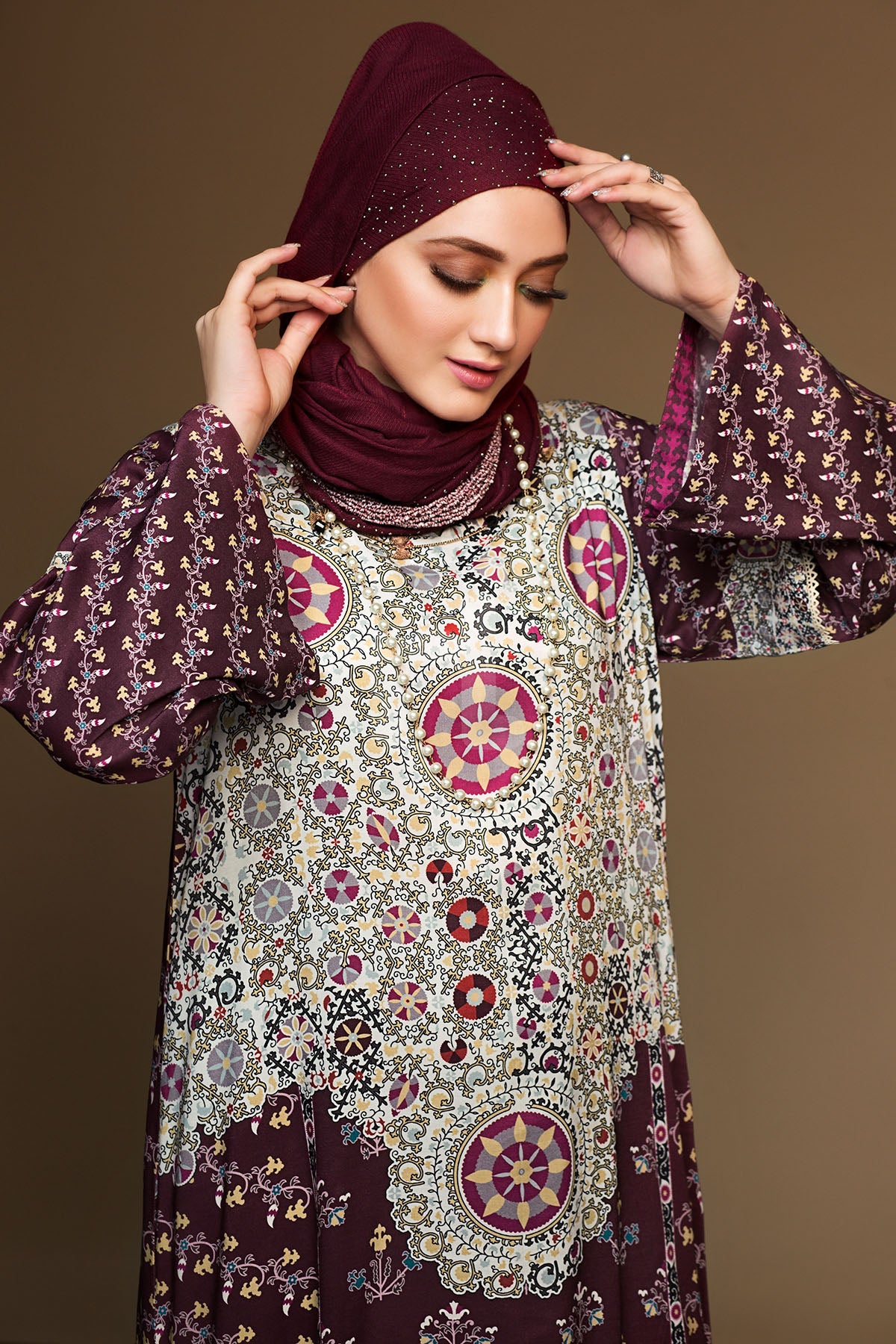 DW19-04 Maroon Printed Stitched Jalabiya - 1PC - Nishat Linen UAE