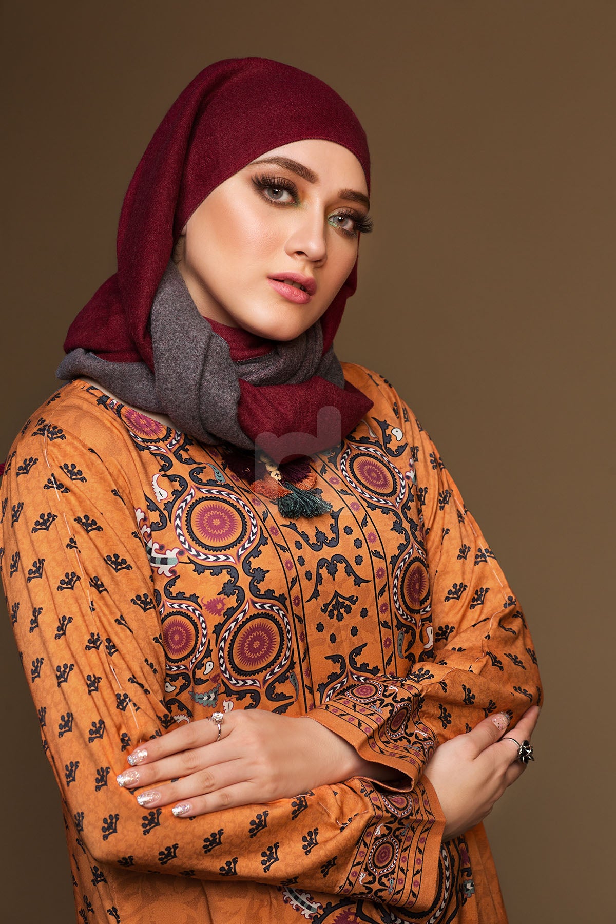 DW19-10 Orange Printed Stitched Jalabiya - 1PC - Nishat Linen UAE