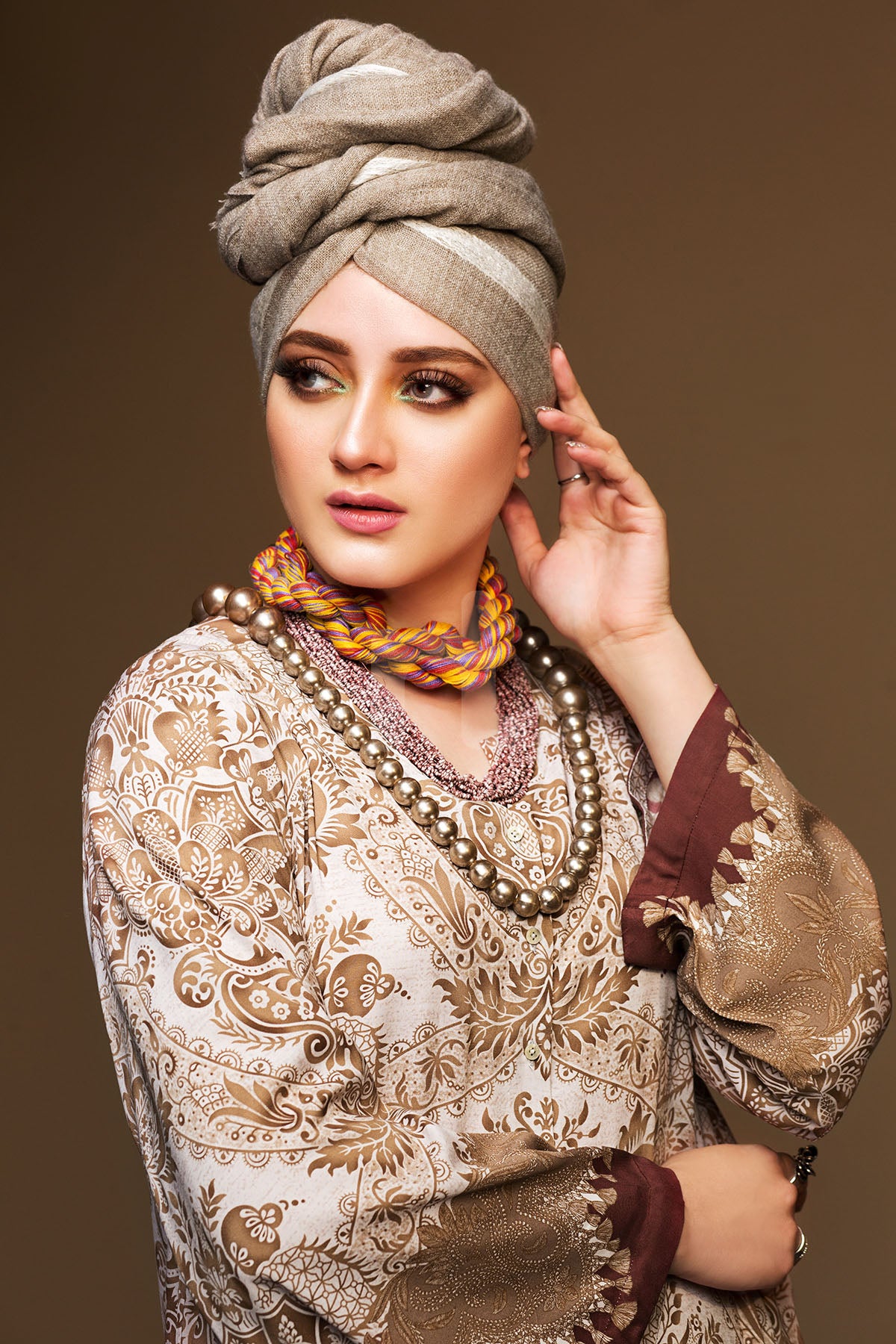 DW19-25 Beige Printed Stitched Jalabiya - 1PC - Nishat Linen UAE