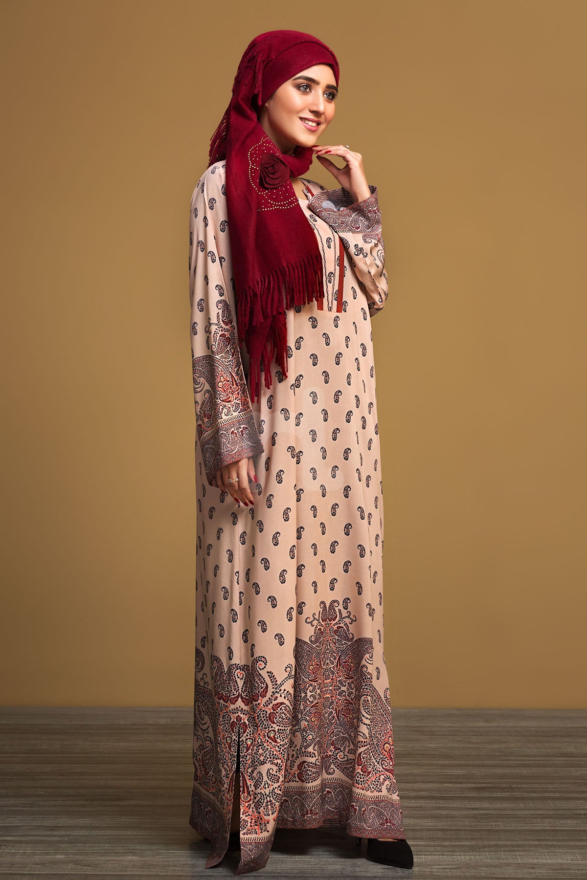 DW19-48 Peach Printed Stitched Jalabiya - 1PC - Nishat Linen UAE