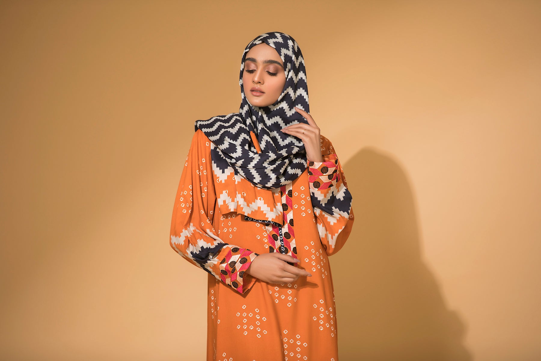 DW20-06 Digital Printed Embroidered Linen Stitched Fustaan with Sheilas & Mask - 2PC