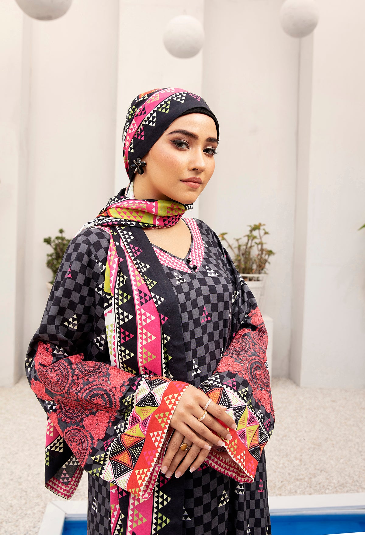 DW20-44 Digital Printed Linen Stitched Fustaan with Sheilas & Mask 2PC