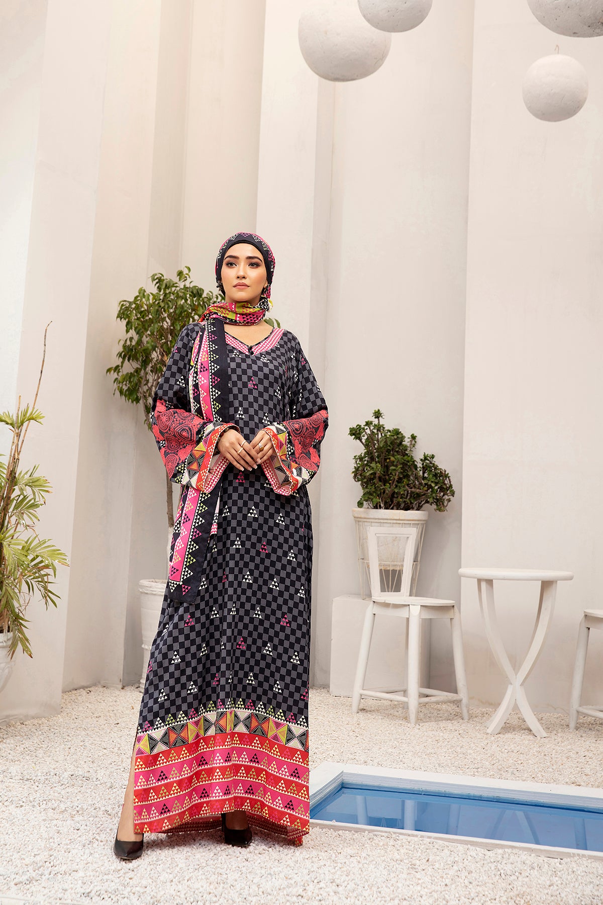 DW20-44 Digital Printed Linen Stitched Fustaan with Sheilas & Mask 2PC