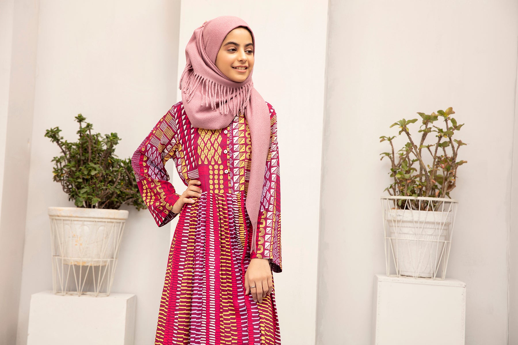 DW20-49 Digital Printed Linen Stitched Fustaan for kid with Mask 1PC