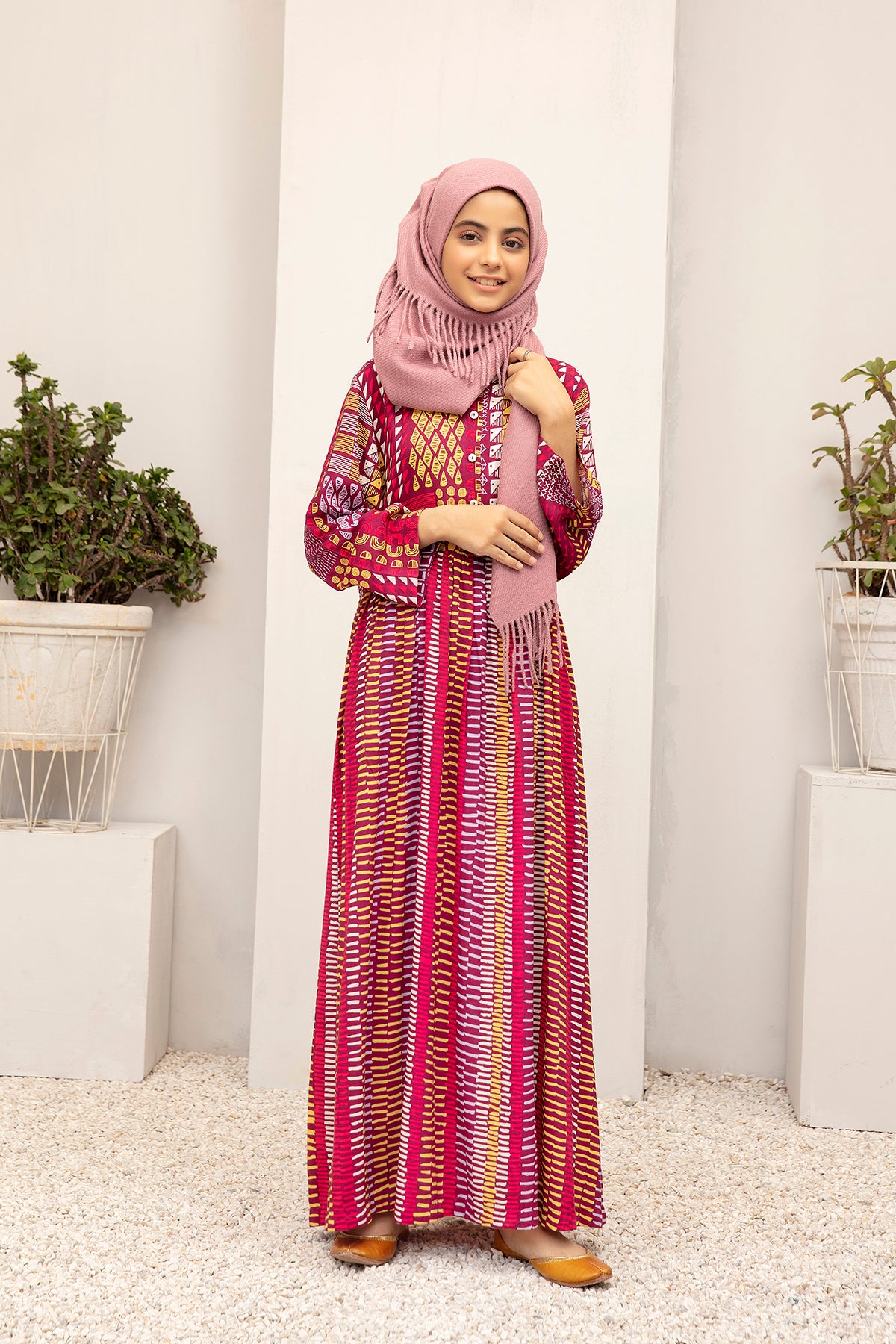 DW20-49 Digital Printed Linen Stitched Fustaan for kid with Mask 1PC