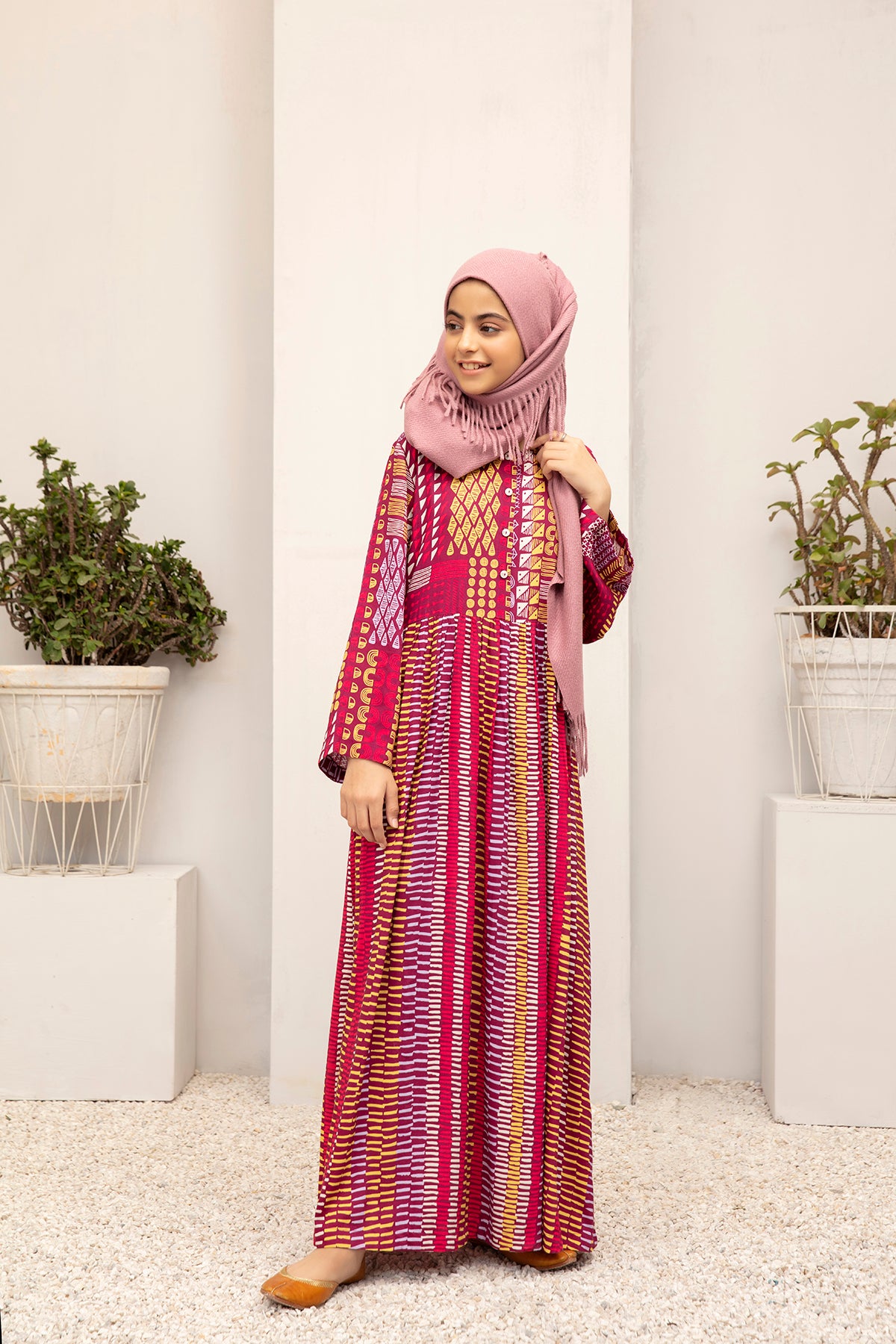 DW20-49 Digital Printed Linen Stitched Fustaan for kid with Mask 1PC