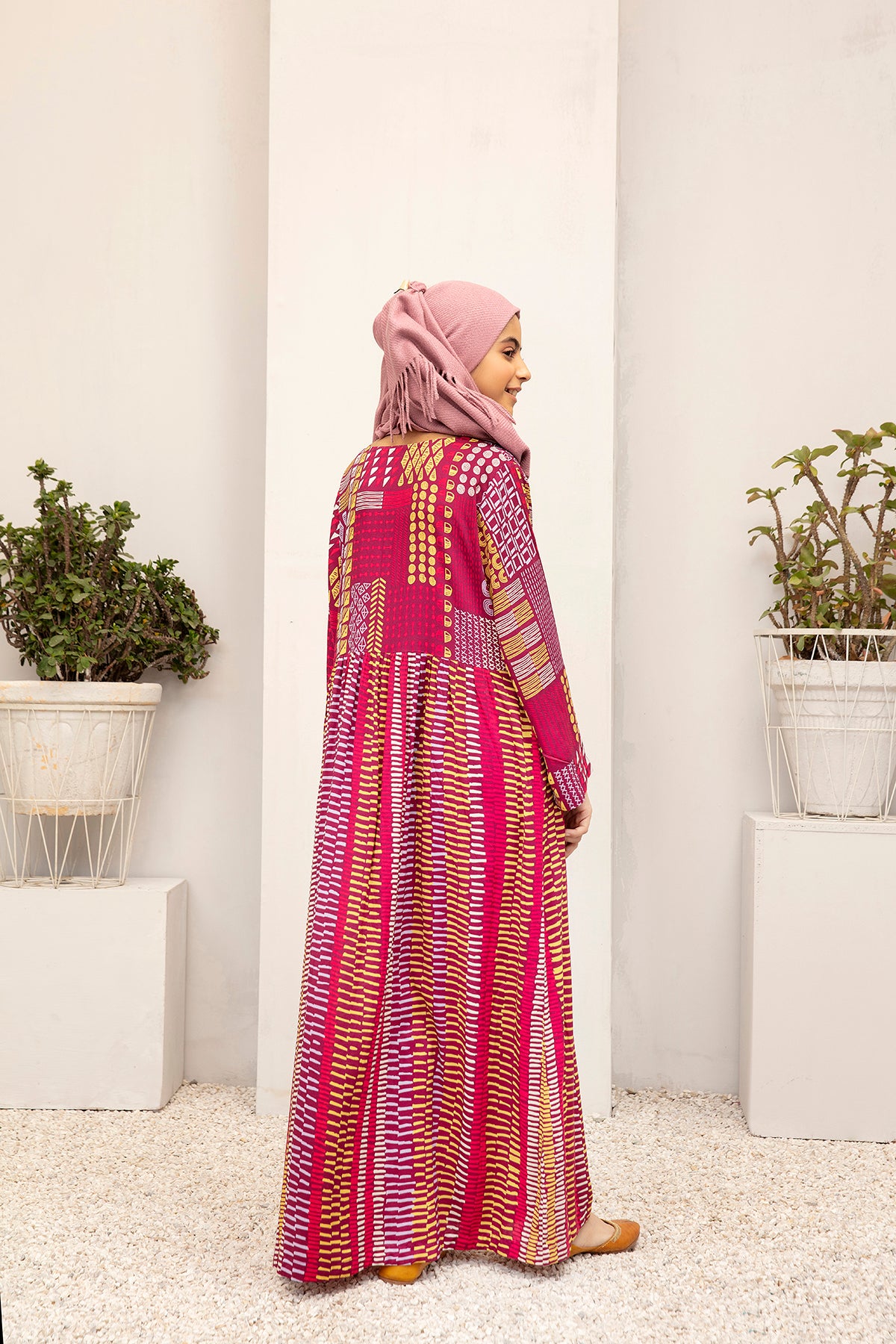 DW20-49 Digital Printed Linen Stitched Fustaan for kid with Mask 1PC