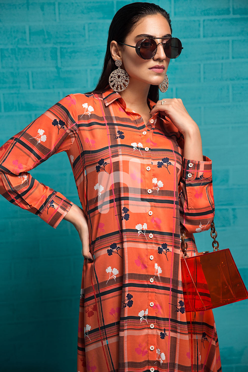 FS19-86 Orange Printed Stitched Long Fusion Dress - 1PC - Nishat Linen UAE