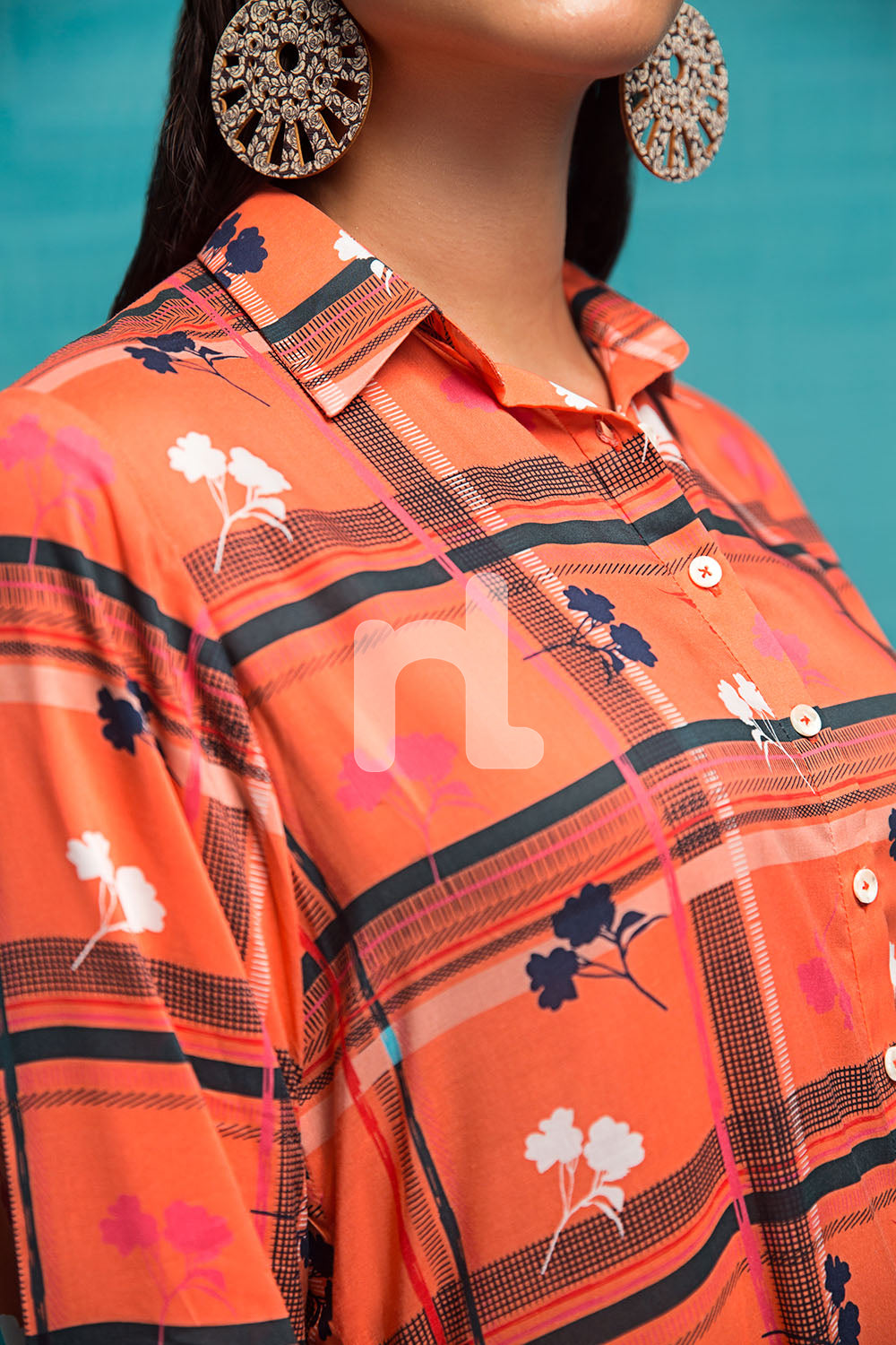 FS19-86 Orange Printed Stitched Long Fusion Dress - 1PC - Nishat Linen UAE