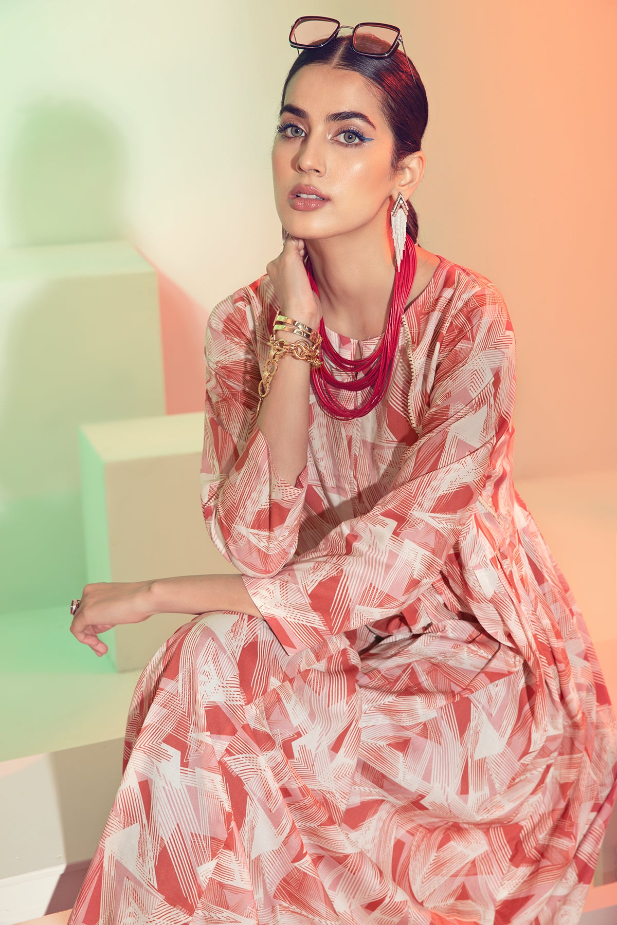 FS21-23-Digital Modal Stitched Long Dress With Mask-1PC