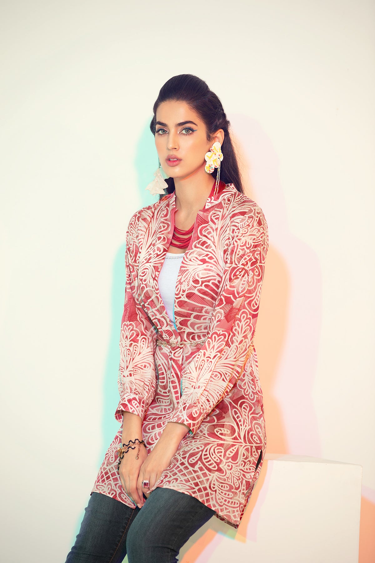 FS21-24-Abstract Printed Digital Modal Stitched Women Jacket With Mask-1PC