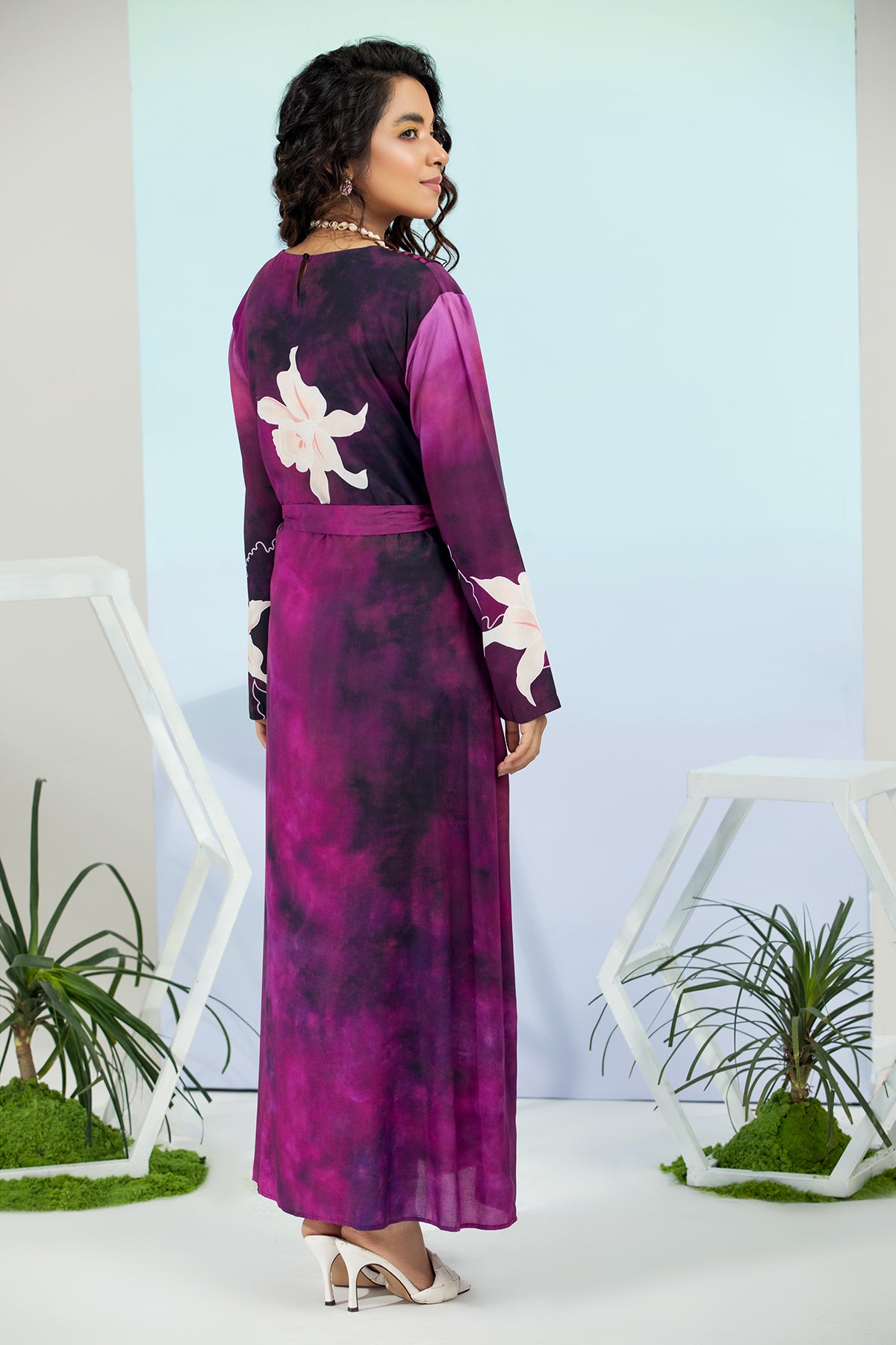FS21-37-Micro-Modal Printed And Embroidered Long Dress