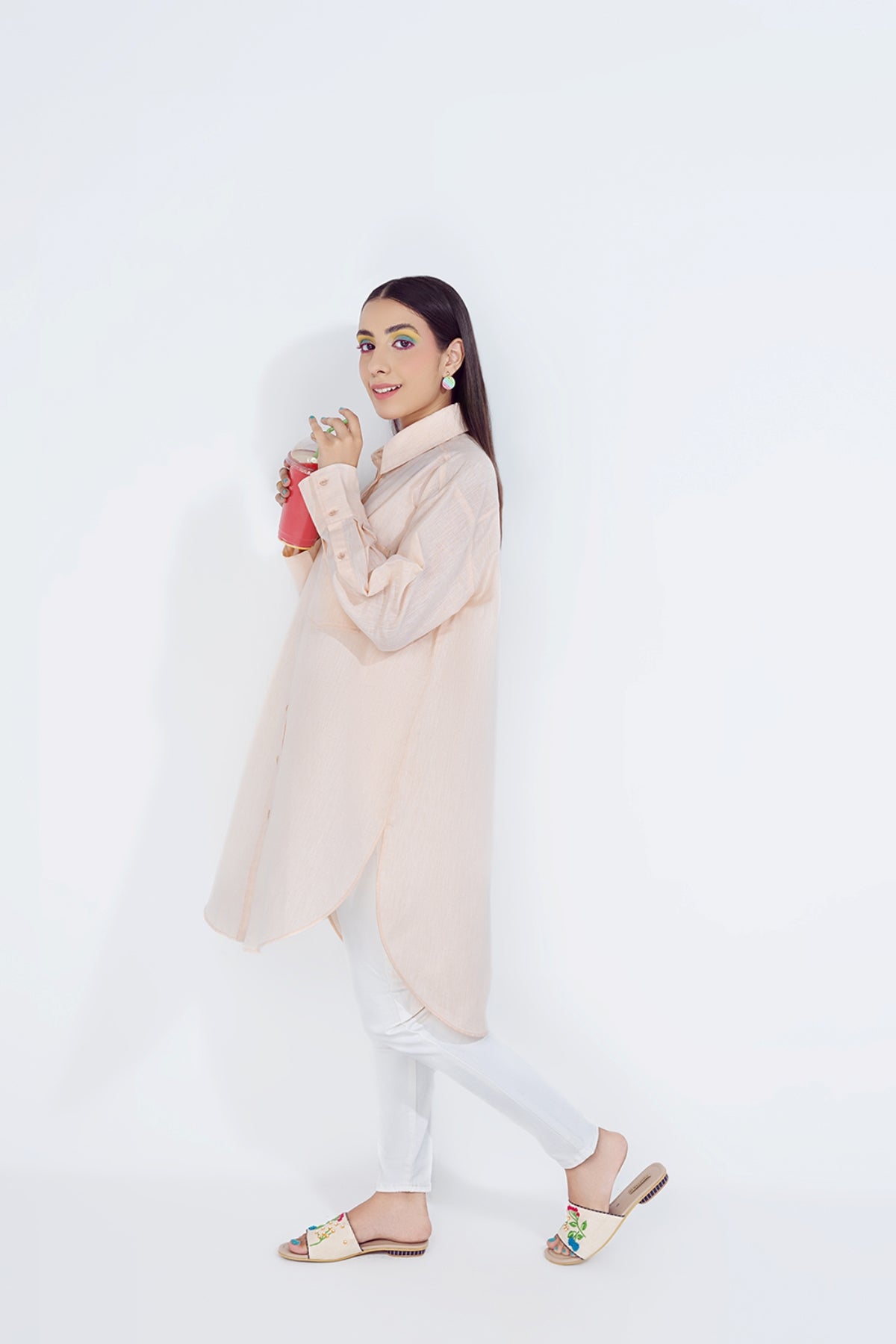 KFS21-65-Peach Button Down Shirt with Embroidered Back