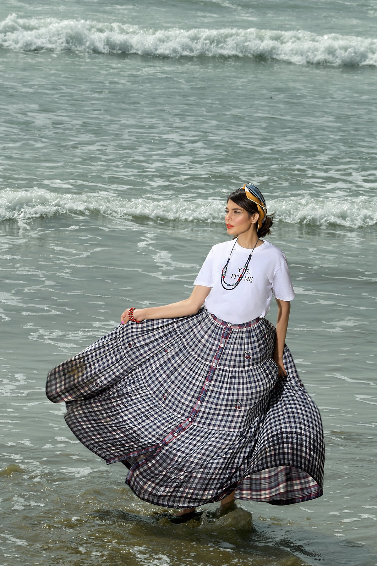 KFS22-26-Printed Embroidered Tiered Skirt