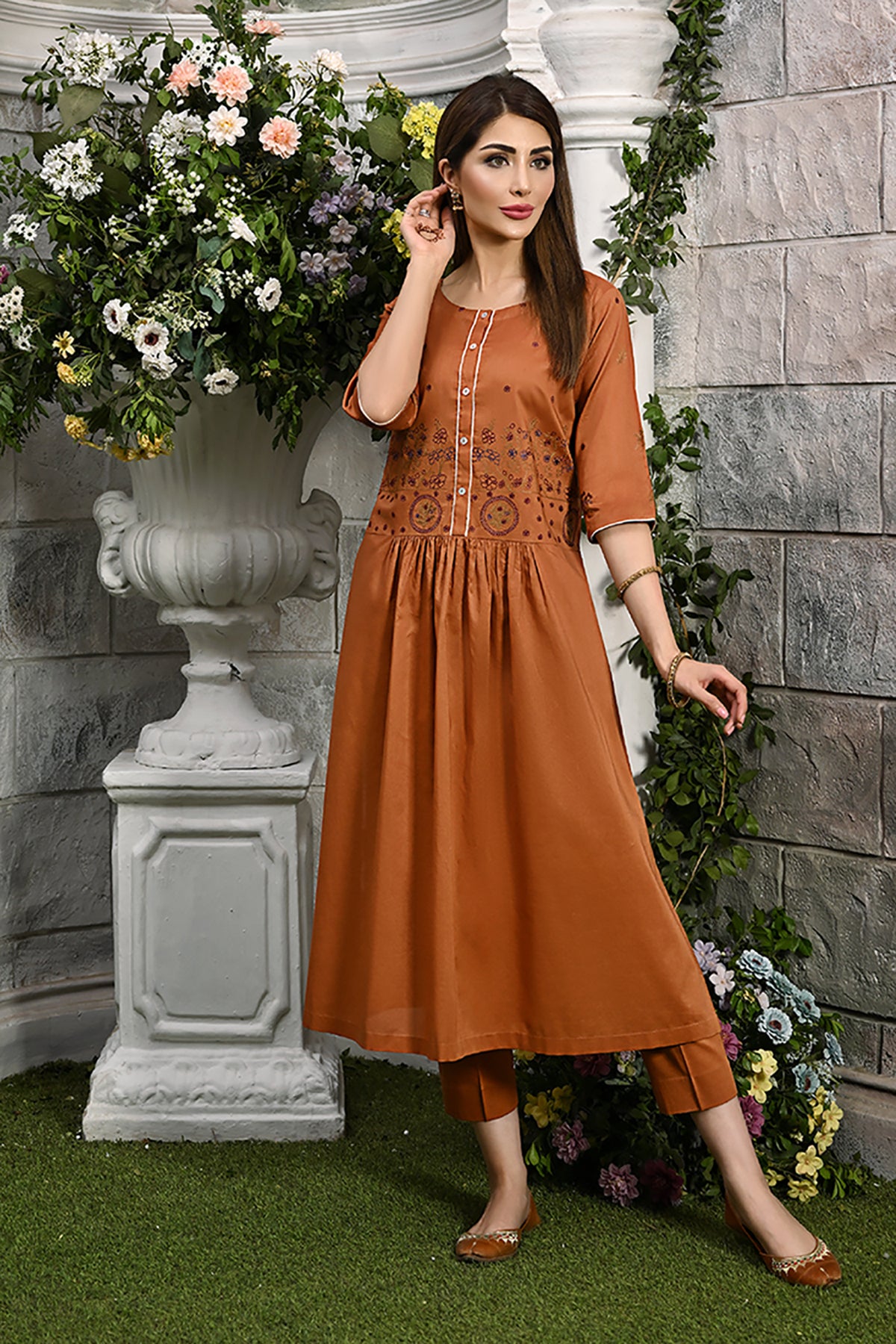 KPE22-14-Embroidered Long Shirt with Pants 2PC