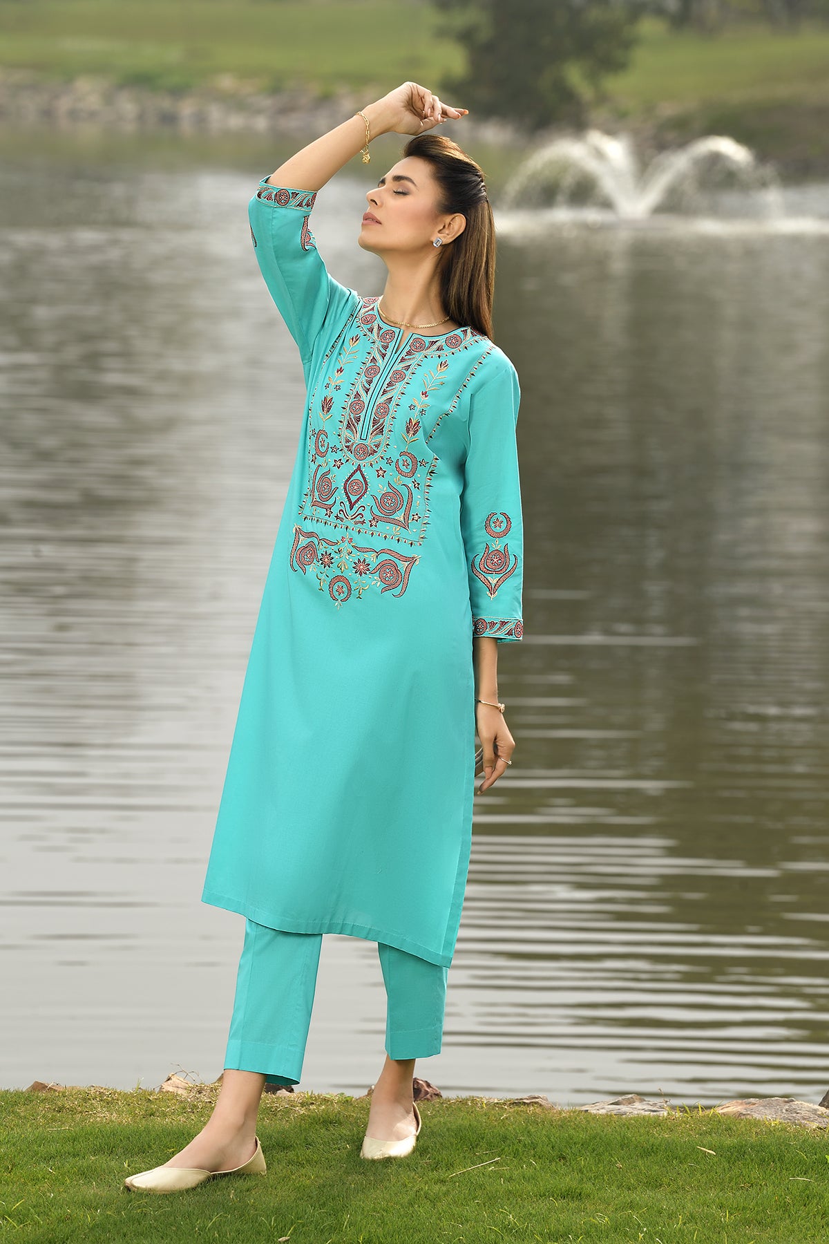 KPS22-29-Embroidered Long Shirt With Culottes Pants 2PC