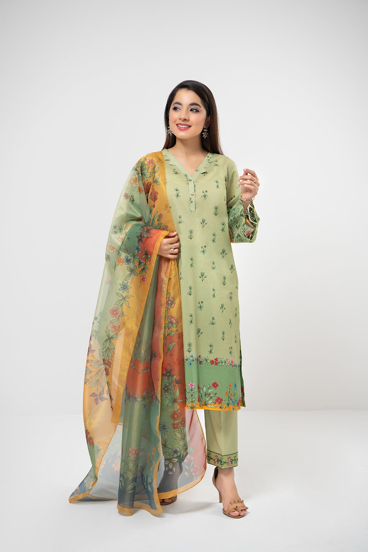 PDE21-09 3PC-Embroidered Printed Shirt, Dyed Cambric Trouser With Gold Net Dupatta