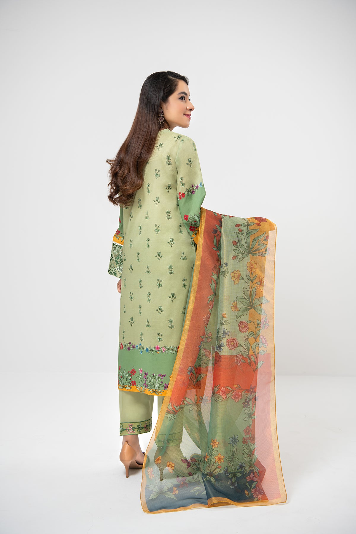 PDE21-09 3PC-Embroidered Printed Shirt, Dyed Cambric Trouser With Gold Net Dupatta