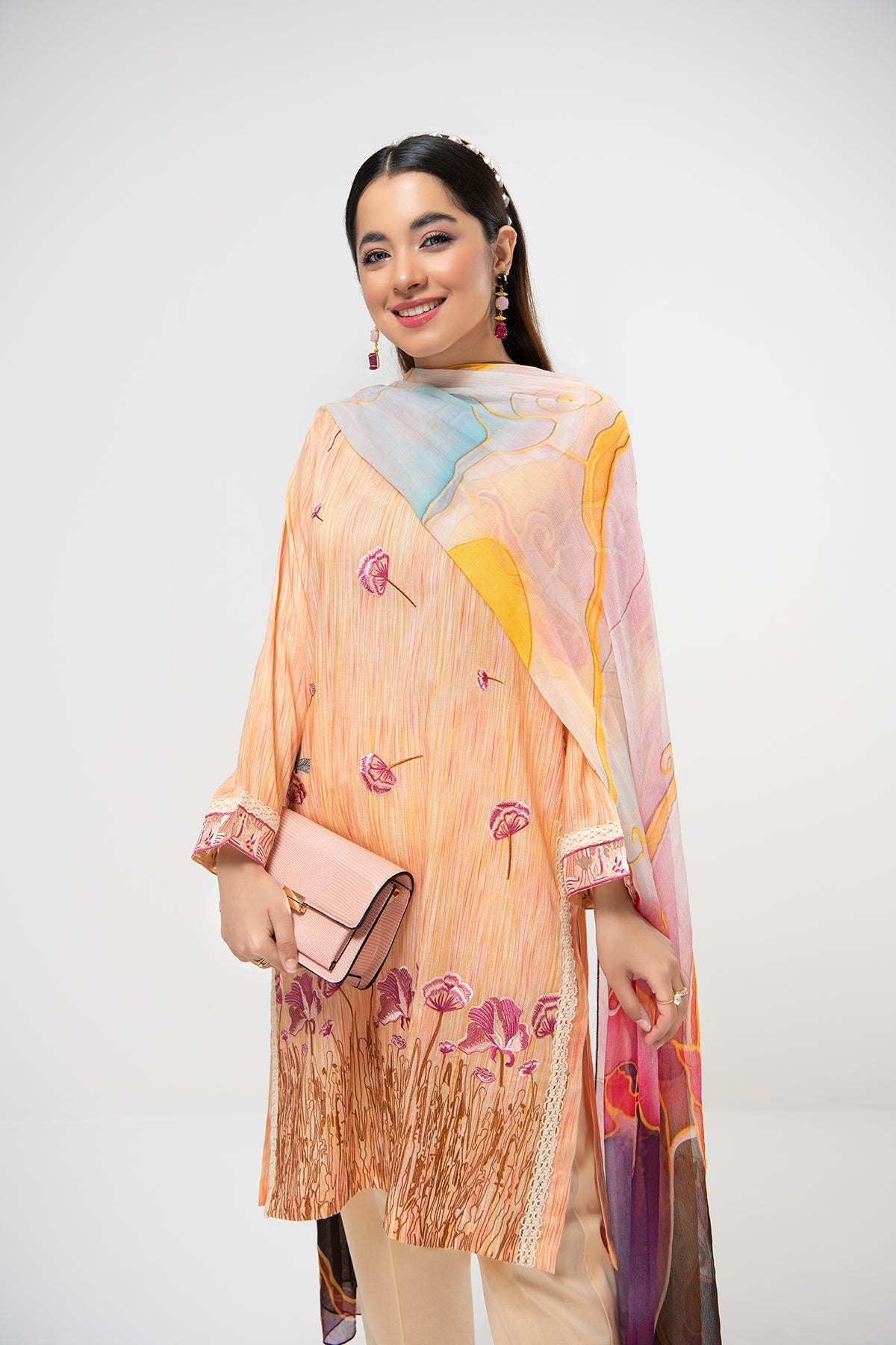 PDE21-12-Texture Printed Embroidered Shirt, Chiffon Dupatta & Straight Trouser-3PC