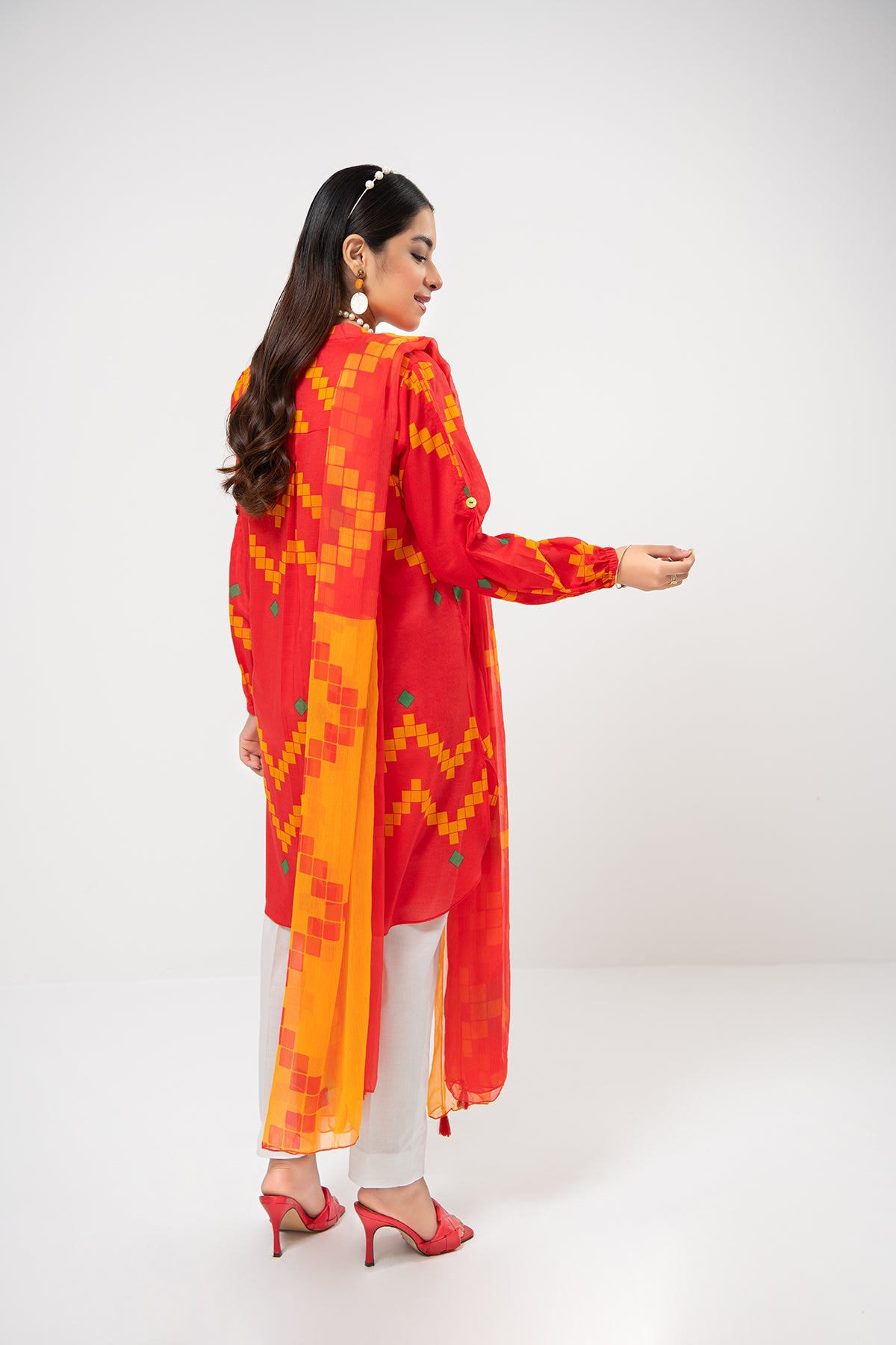 PDE21-15-Straight Shirt with Frill Baned, Pleated Sleeves & Chiffon Duaptta-2PC