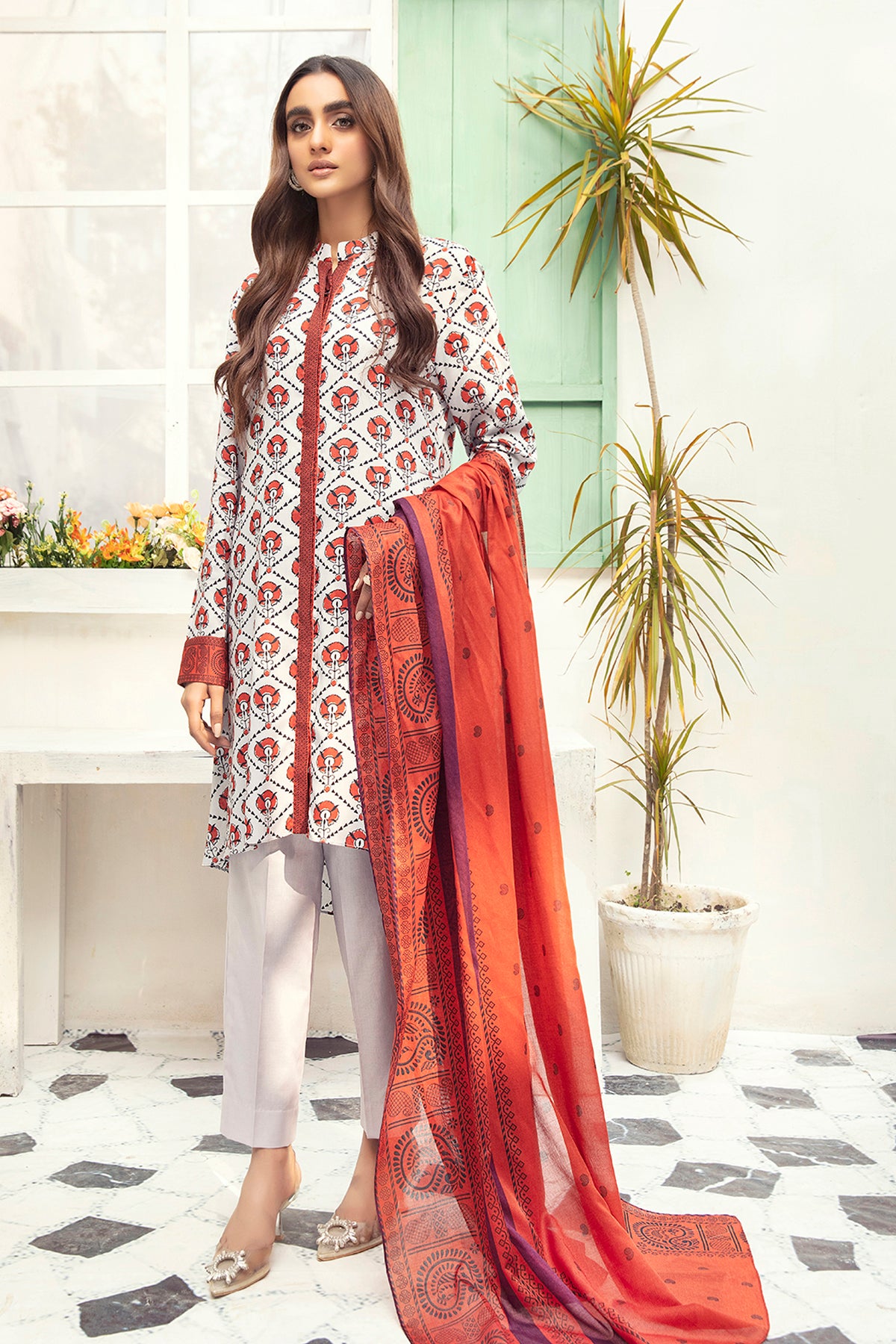 PDS21-02-Long Button Down Shirt, Dupatta &Trouser - 3PC