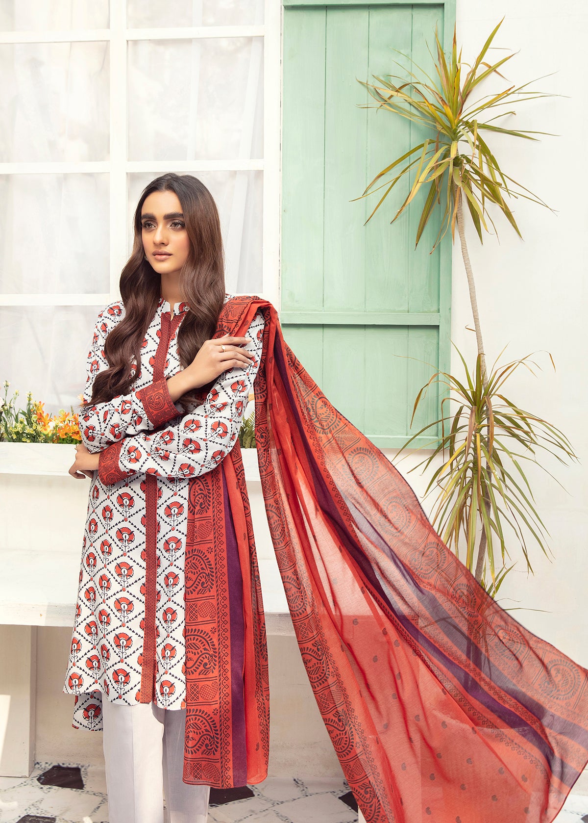 PDS21-02-Long Button Down Shirt, Dupatta &Trouser - 3PC