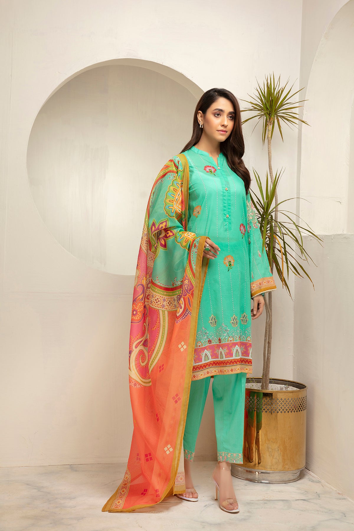 PDS21-22- Straight Classic Shirt with Button & Lace Detailing, Trouser & Dupatta with Mask - 3PC