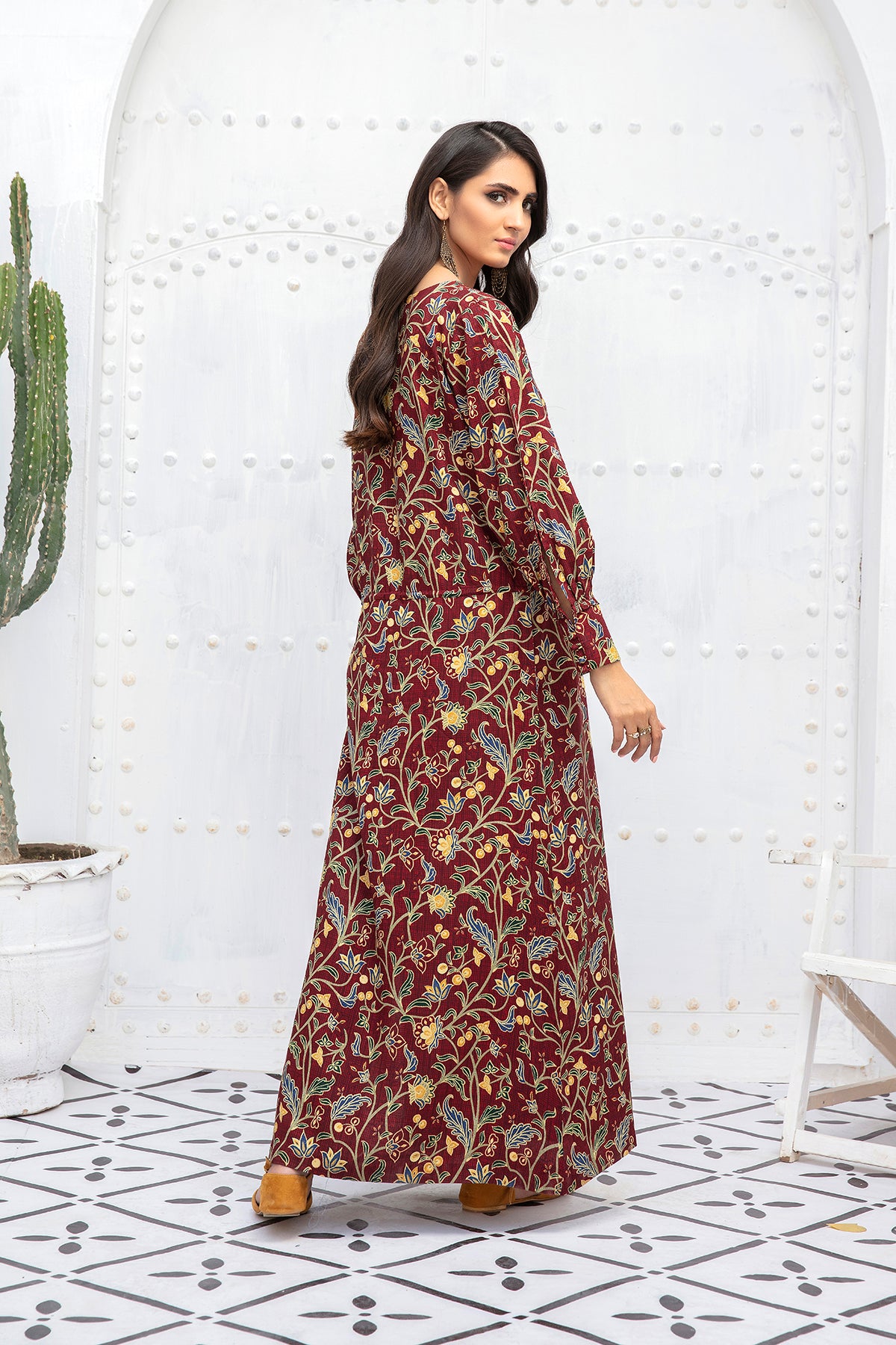 PDW20-49 Printed Stitched Linen Long Dress With Mask- 1PC