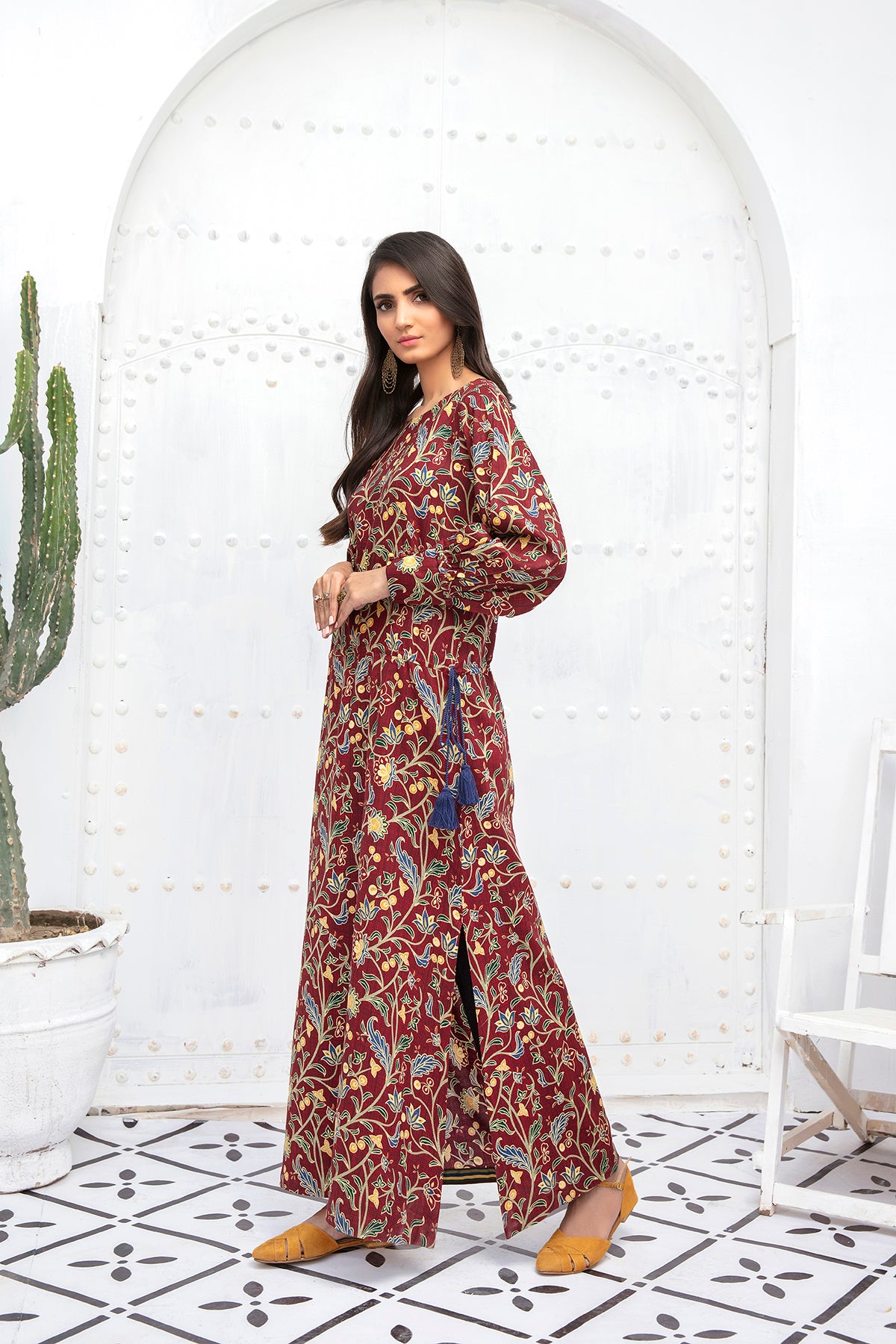 PDW20-49 Printed Stitched Linen Long Dress With Mask- 1PC