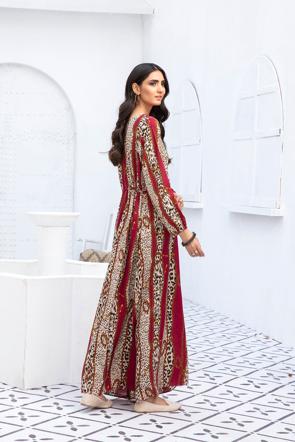 PDW20-50 Printed Stitched Linen Long Dress - 1PC