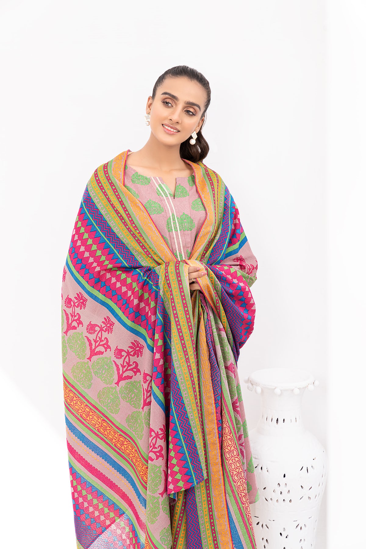 PDW20-52 Printed Stitched Linen Long Dress - 2PC