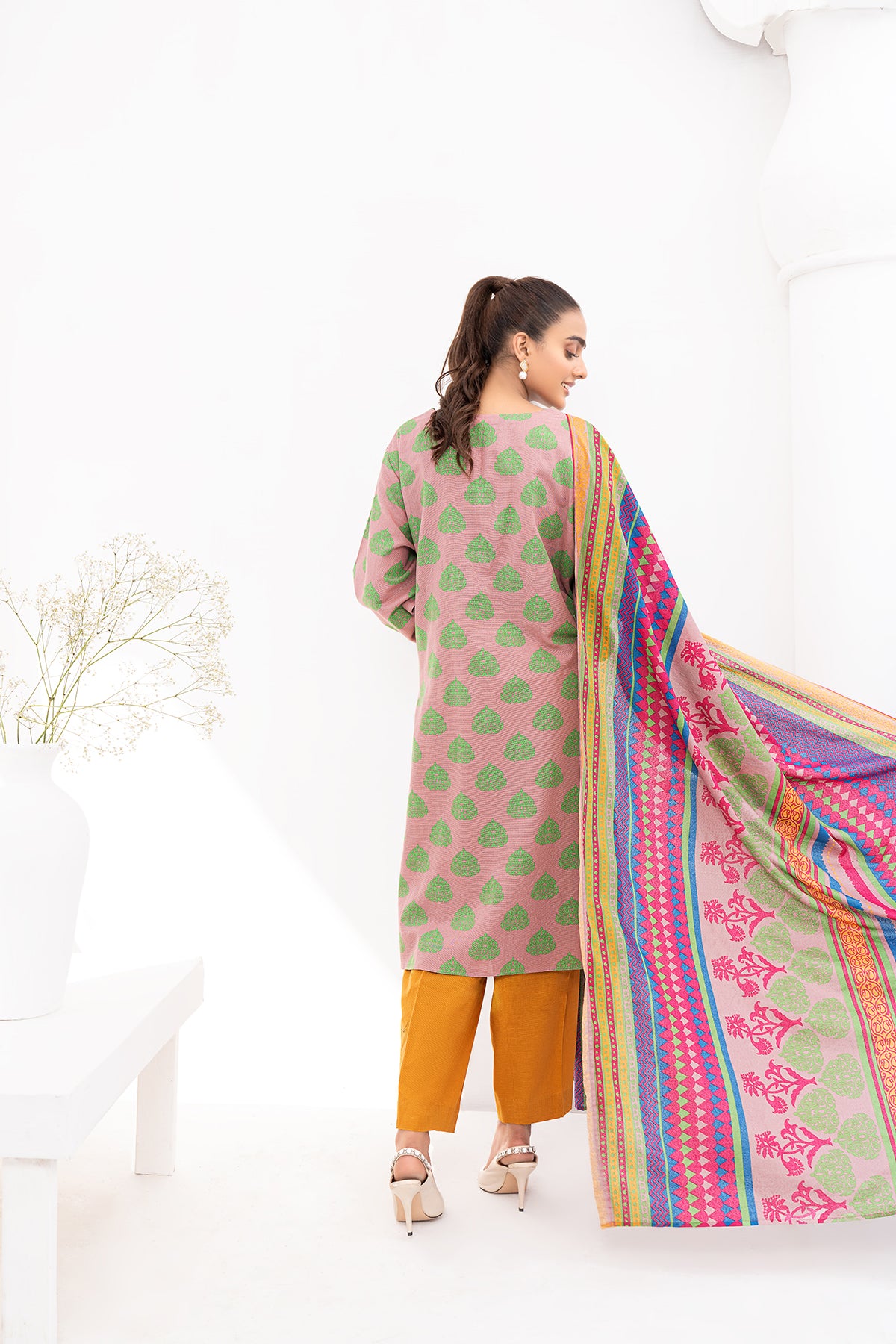 PDW20-52 Printed Stitched Linen Long Dress - 2PC