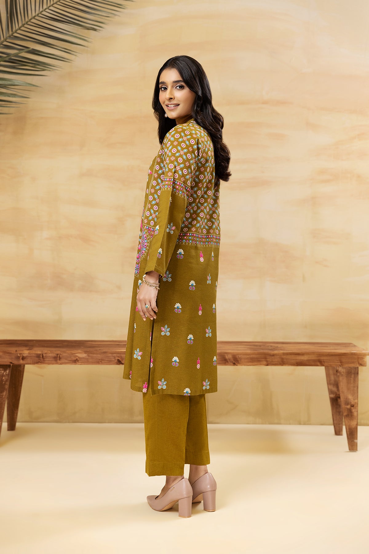 PDW22-14-Band Neck Printed Shirt with Trousers 2PC