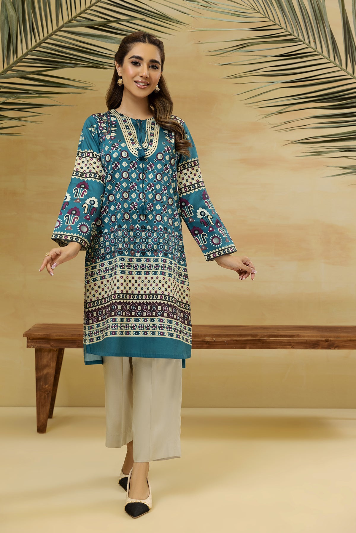 PDW22-17-Tassel Detailing Printed Shirt 1PC