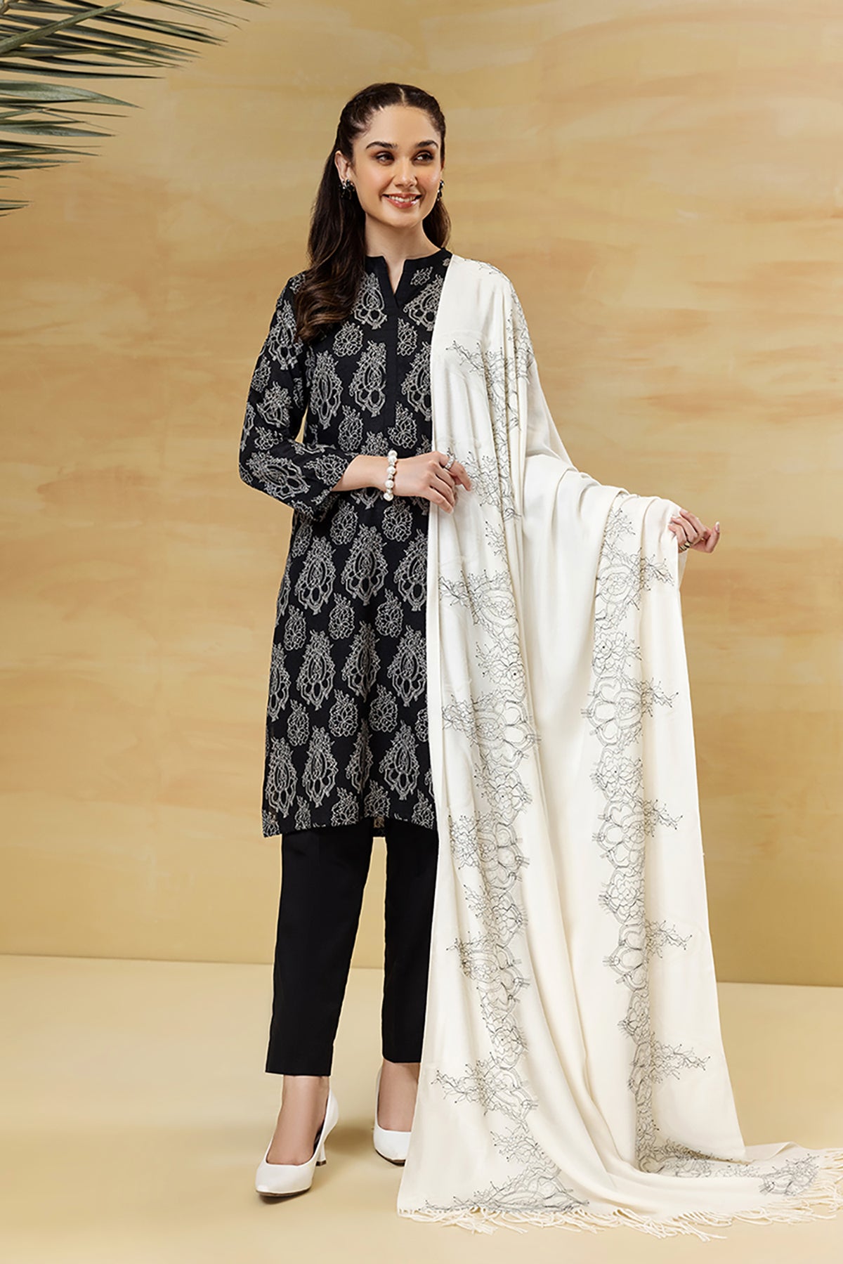 PDW22-22-Printed Shirt, Shawl with Trousers 3PC