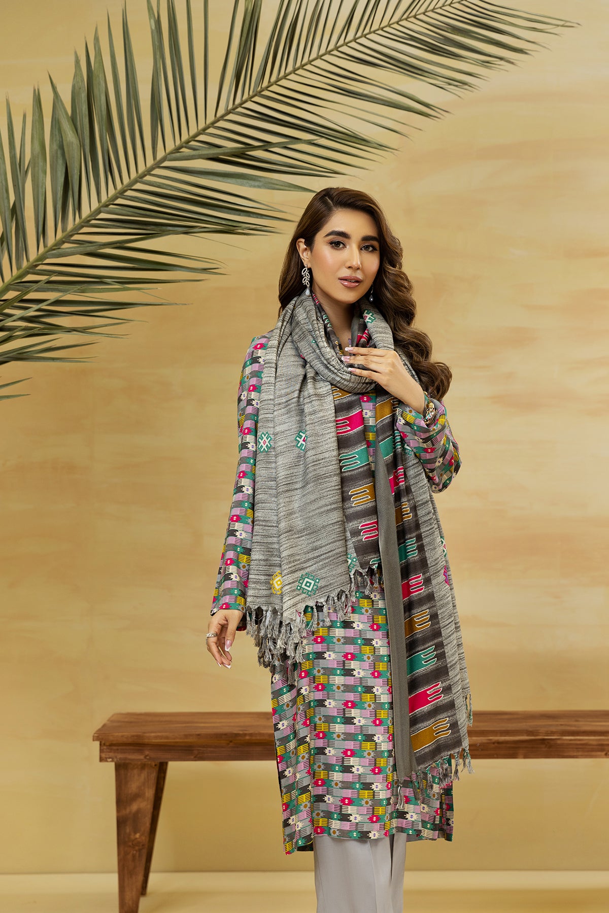 PDW22-31-Printed Straight Shirt, Shawl & Trousers 3PC
