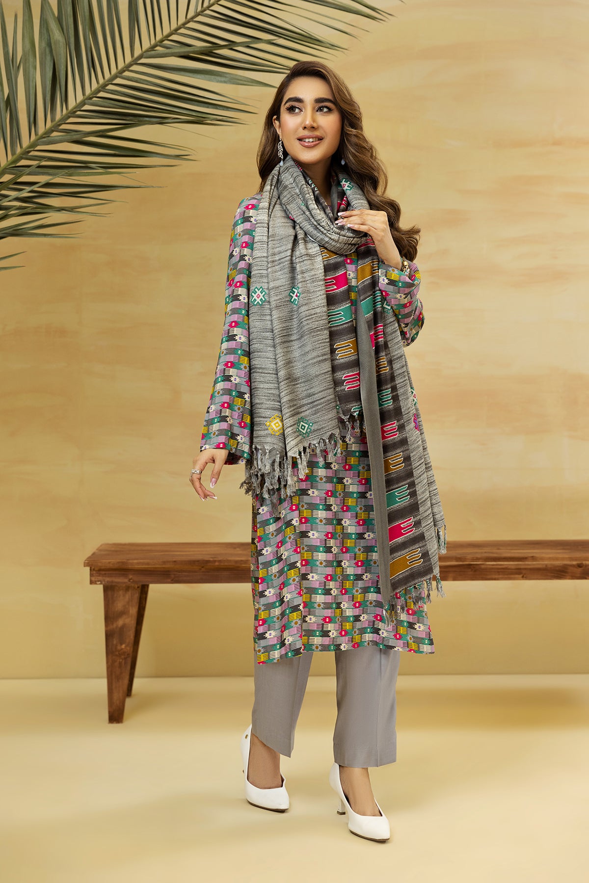 PDW22-31-Printed Straight Shirt, Shawl & Trousers 3PC